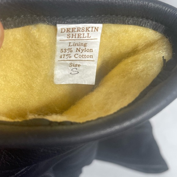 Vintage Black Deerskin Leather Gloves Yellow Lining Size S Winter Dress Warm - Picture 3 of 3
